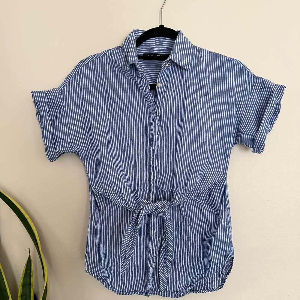 Ralph Lauren Striped Tie-Front Linen Shirt, Blue and white